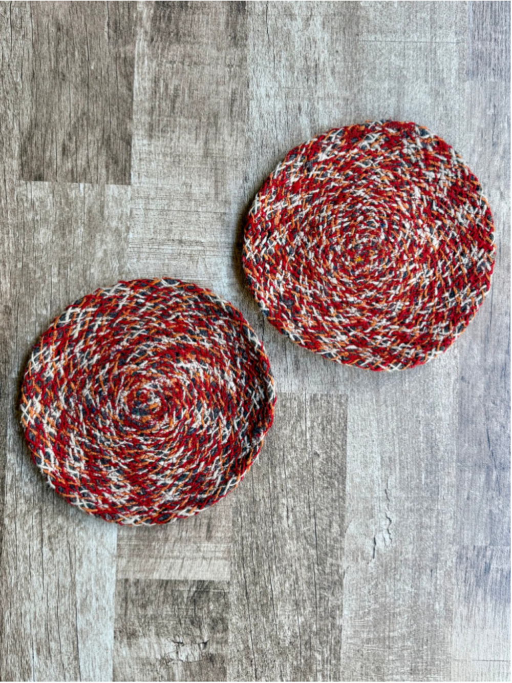 Vintage Braided Fabric Trivets Set of 2 Coiled Round Potholders Rust Red Multi